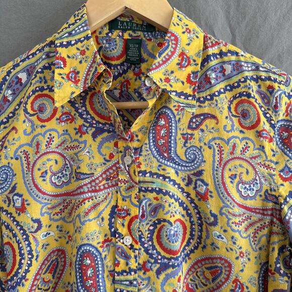 Lauren Ralph Lauren Paisley Button-Up Shirt Yellow Cotton Boho Retro Women's XS - Picture 2 of 12